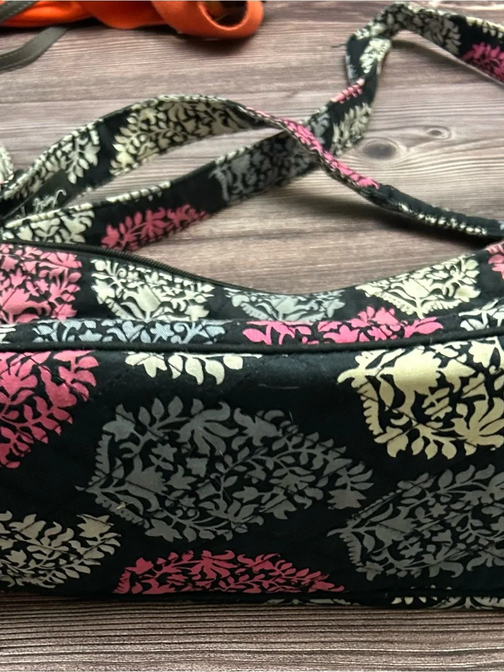 Vera Bradley Black Crossbody with Pink and Gray Floral Medallions